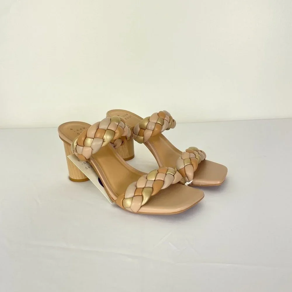 A New Day Womens Heels 7.5 Woven Sandals Tan Metallic Basil Heeled Two Bands New - Picture 2 of 10